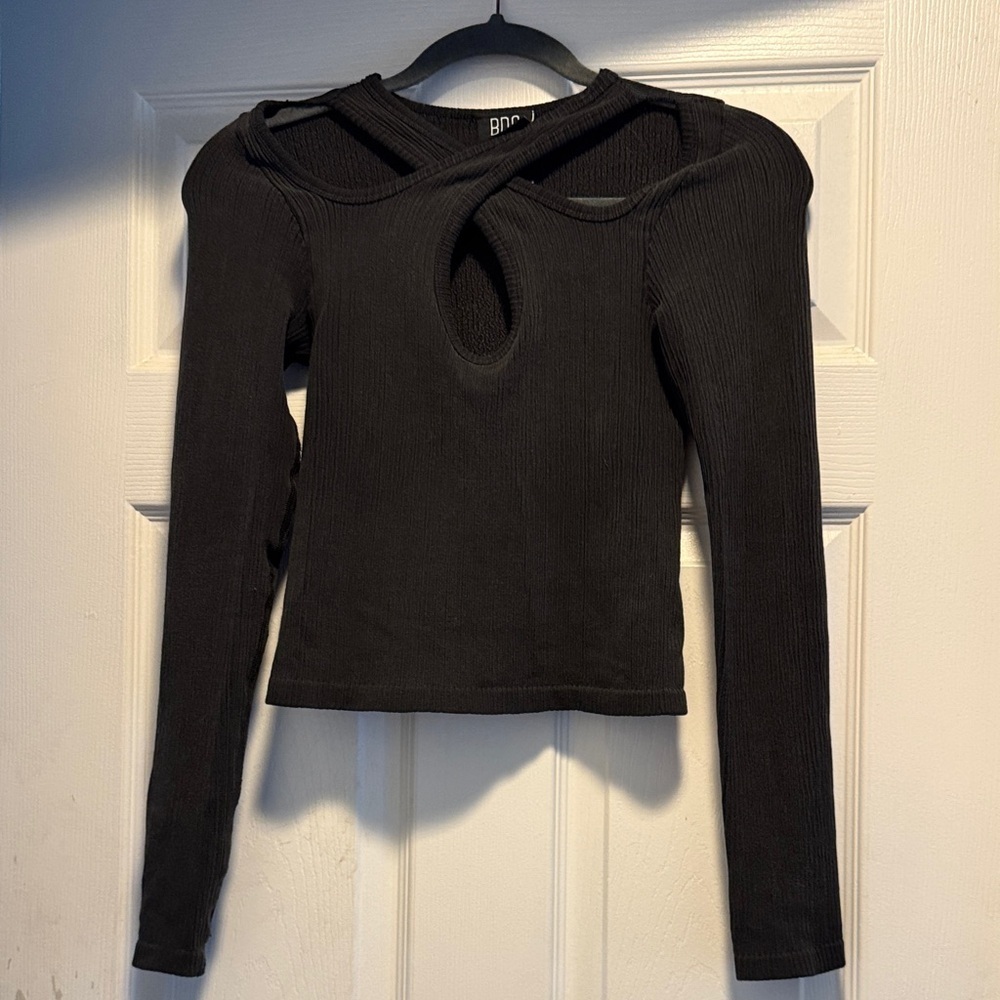 BDG Black Ribbed Long Sleeve Top with Front Keyhole